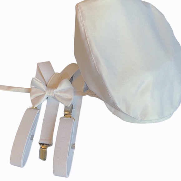 White Ring Bearer Suspender Set + Satin Bow Tie, baptism hat and bow tie set - Picture 3 of 6